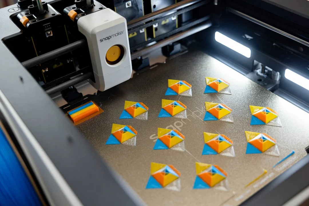 Mehrere kleine Bauteile einer Kleinserie auf der Druckplatte eines 3D-Druckers