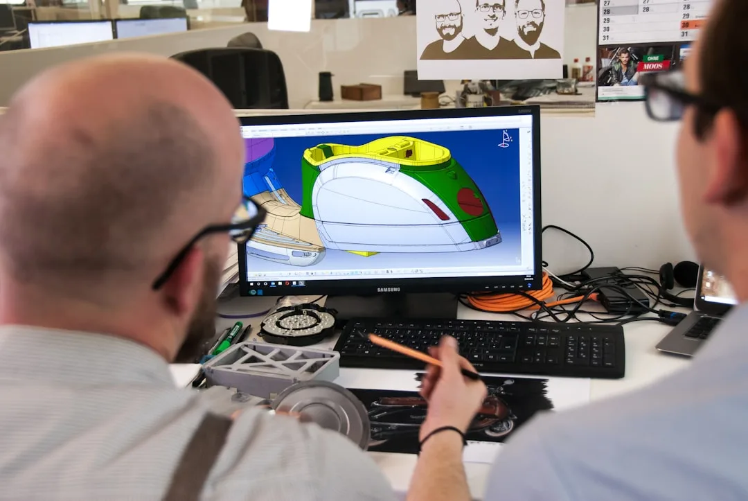 Handskizze mit Maßen neben einem daraus konstruierten CAD-Modell am Bildschirm